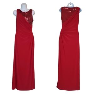 R&M Richards Red Sequin Ruched Ball Gown Sleeveless Formal Dress Full-length